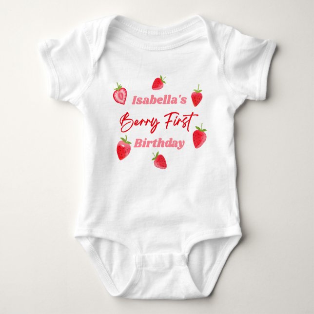 Body Para Bebê Morango Berry Primeiro Aniversário Vermelho e Rosa (Frente)