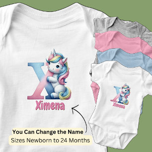 Body Para Bebê Mudar Nome Rosa Bonito Azul Fofa Letra X Unicórnio