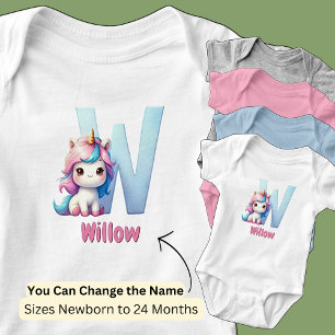 Body Para Bebê Mudar Nome Rosa Bonito Azul Fofo Letra W Unicórnio