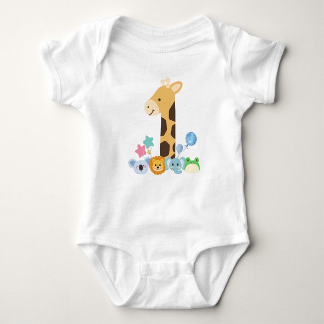 Body Para Bebê My First Birthday. Giraffe and Happy Animals Desig (Frente)