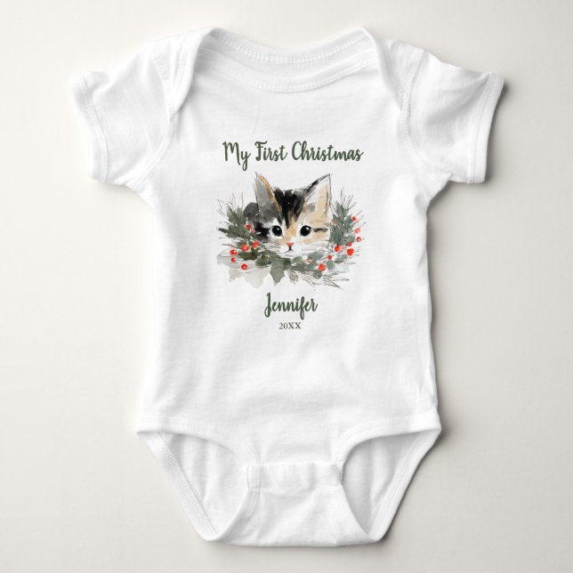 Body Para Bebê My First Christmas Calico Kitty T-Shirt (Frente)