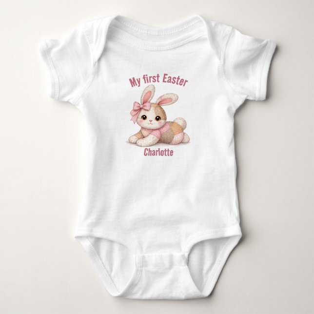 Body Para Bebê My First Easter Patchwork Bunny Baby T-Shirt (Frente)
