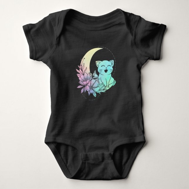 Body Para Bebê Mystical Cat Crescent Moon Pastel Gótico Wicca (Frente)