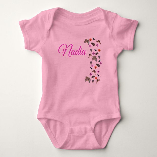 Body Para Bebê Nadia, Logotipo Name Com Vida Selvagem Australiana (Frente)