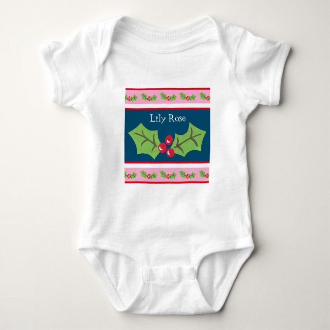 Body Para Bebê Natal Personalizado Holly & Berries (Frente)