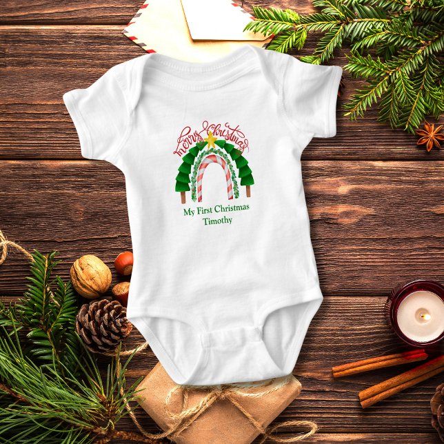Body Para Bebê Natal Rainbow Red Green Meu Natal de 1rua (My First Christmas Personalized Baby Body Suit. Gift for Baby Boy or Girl)