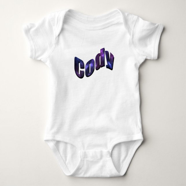Body Para Bebê Nome Cody Feito Com Nuvens Azuis de Nebulosa, (Frente)