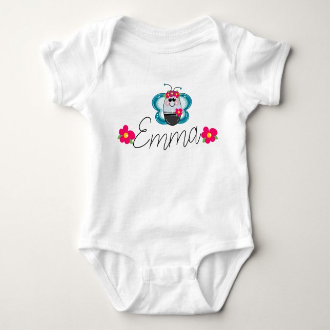 Body Para Bebê Nome de bebê personalizado Borboleta e flor (Frente)