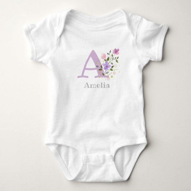 Body Para Bebê Nome do Bebê & Inicial com Flores (Frente)