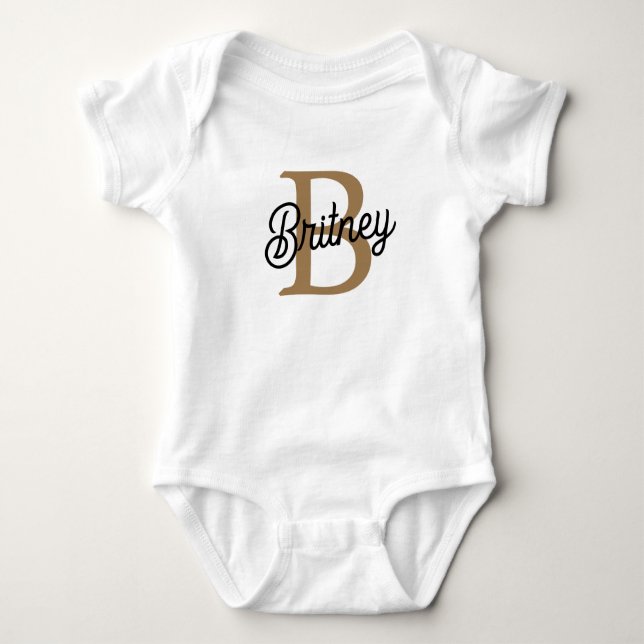 Body Para Bebê Nome do Monograma Elegante Moderno Script Dourado  (Frente)