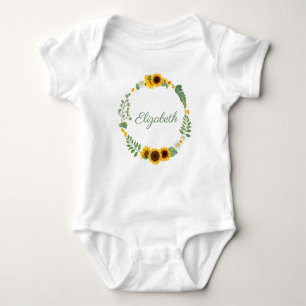 Body Para Bebê Nome do monograma Girassóis Amarelo Verde Floral