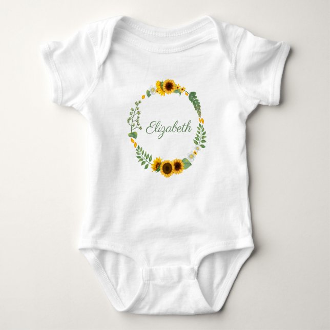 Body Para Bebê Nome do monograma Girassóis Amarelo Verde Floral (Frente)