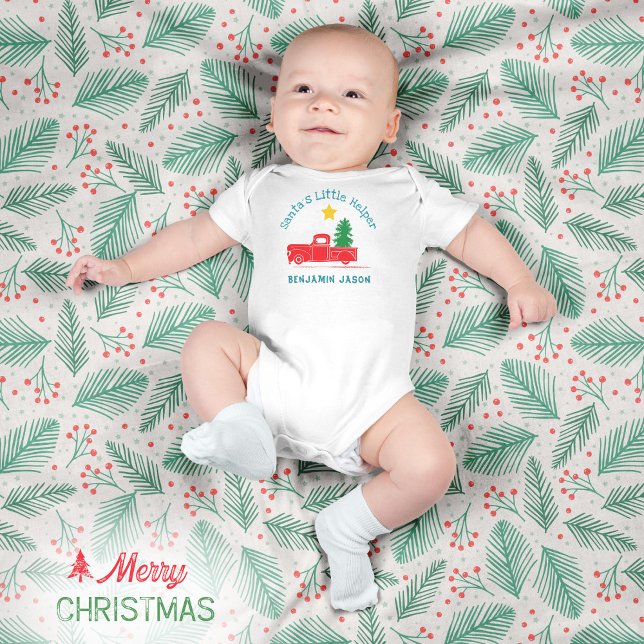 Body Para Bebê 🎅🏻 Nome do Pequeno Ajuda do Papai Noel 🌲Caminhã (🎅🏻 Santa's Little Helper Name 🚛Truck Tree Star Baby Bodysuit ©Susanne Sachers - Sunny Mind Design)