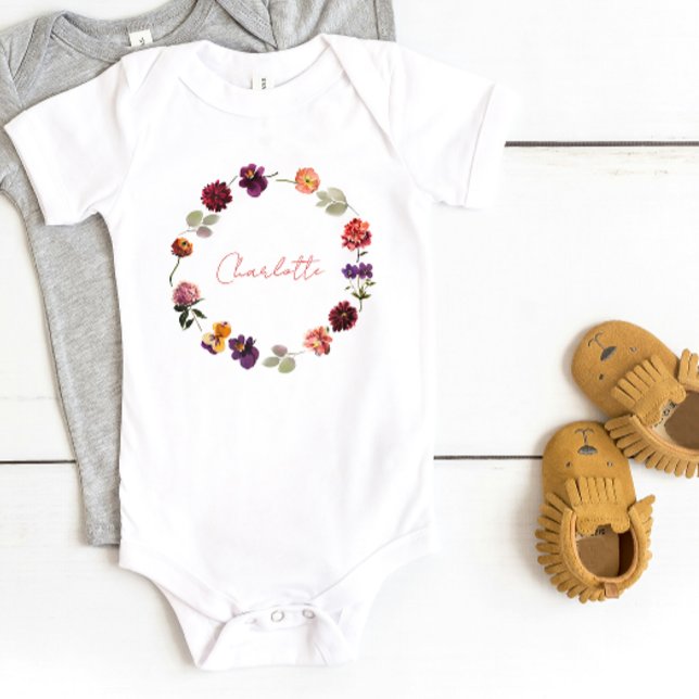 Body Para Bebê Nome do Script Boho Rustic Floral Wreath Watercolo (Baby Bodysuit)