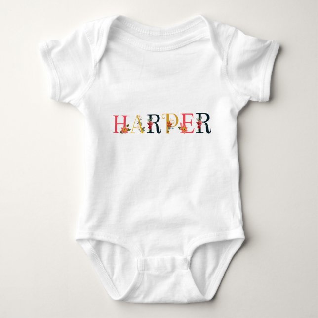 Body Para Bebê Nome HARPER Arte Com Flores Bordadas (Frente)