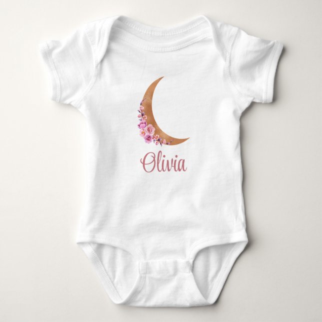 Body Para Bebê Nome Personalizado da Lua Floral do ouro (Frente)