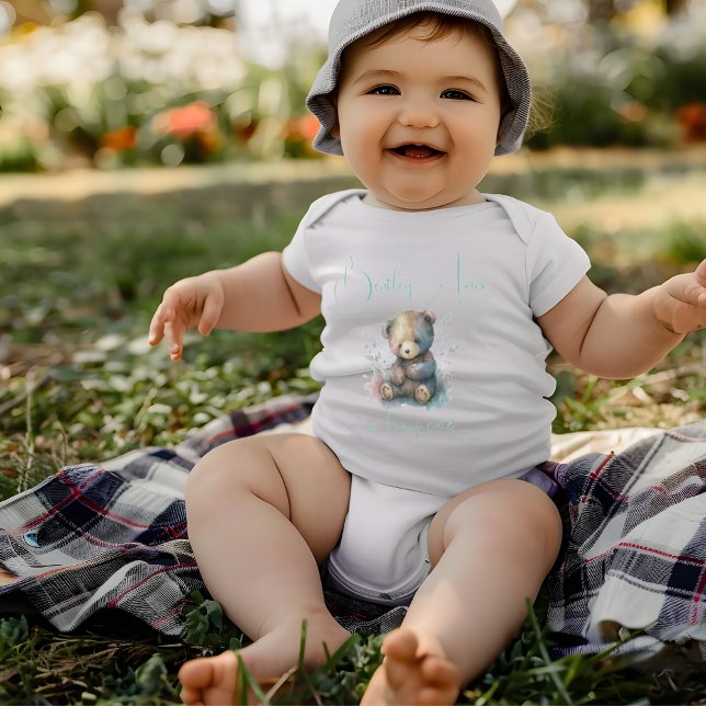 Body Para Bebê Nome Personalizado de Molereca de Aquarela Floral  (Teddy Bear Watercolor Floral Greenery Custom Name Baby Bodysuit)