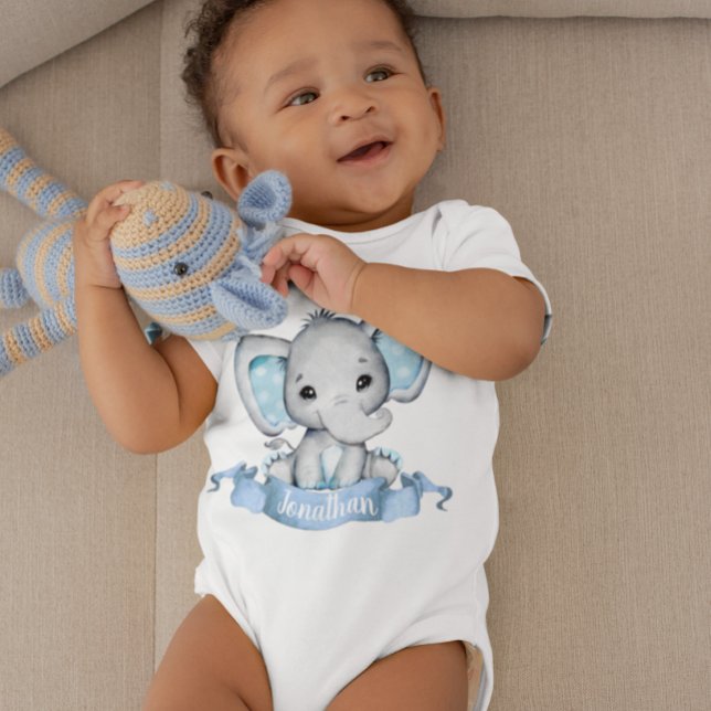 Body Para Bebê Nome personalizado do elefante Blue Boy (Criador carregado)