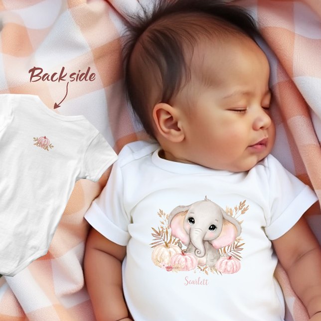 Body Para Bebê Nome Personalizado do Elefante Rosa de Queda (Fall Girl Elephant Pink Custom Name Baby Bodysuit)