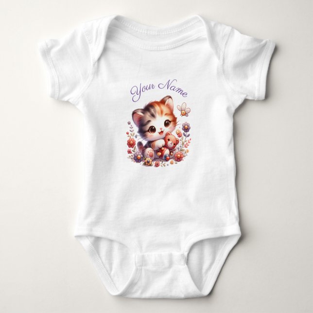 Body Para Bebê Nome Personalizado do Kitten Reproduzindo Aquarela (Frente)