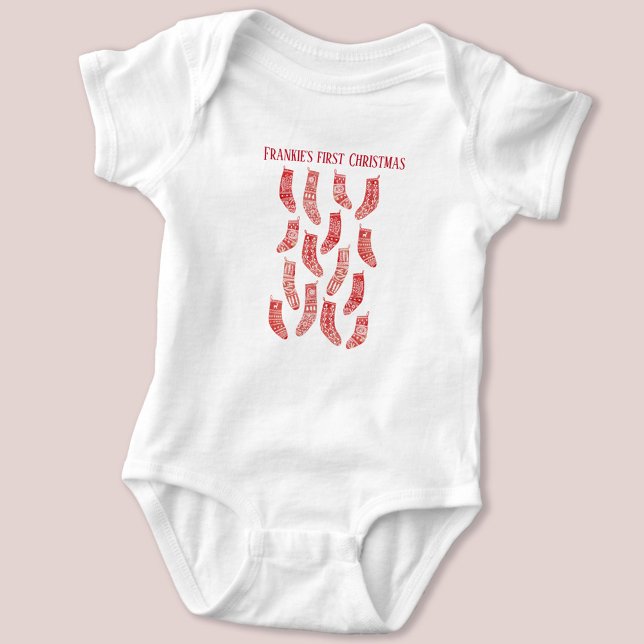 Body Para Bebê Nome Personalizado do Primeiro Natal em Existência (Nordic Stockings personalized name baby's first Christmas baby bodysuit)