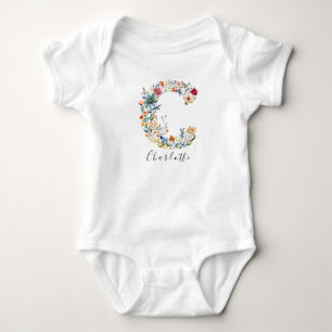 Body Para Bebê Nome Personalizado e Monograma Floral 'C'