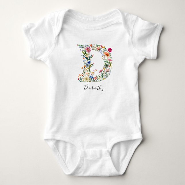 Body Para Bebê Nome Personalizado e Monograma Floral 'D' (Frente)