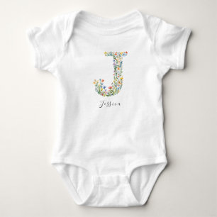 Body Para Bebê Nome Personalizado e Monograma Floral 'J'