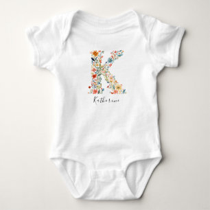 Body Para Bebê Nome Personalizado e Monograma Floral 'K'