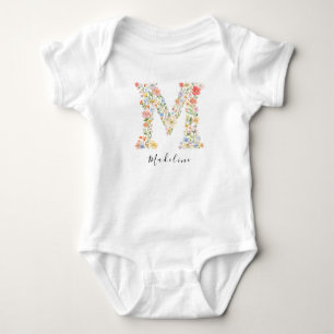 Body Para Bebê Nome Personalizado e Monograma Floral 'M'