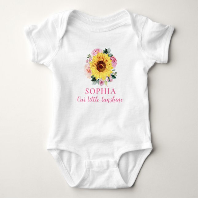 Body Para Bebê Nome Personalizado Floral Rosa De Girassol (Frente)