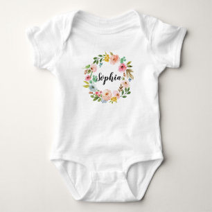 Body Para Bebê Nome Personalizado Floral Wreath Pink Flowers