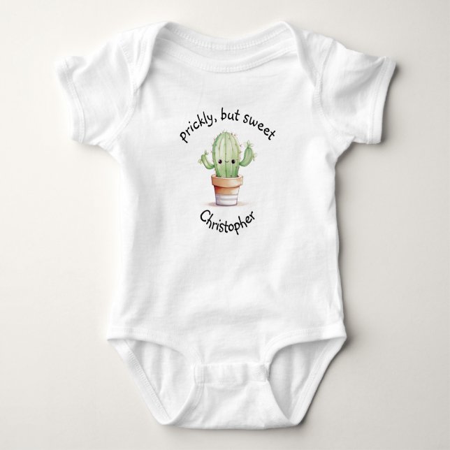 Body Para Bebê Nome personalizado fofo, mas doce Cactus Aquarela (Frente)