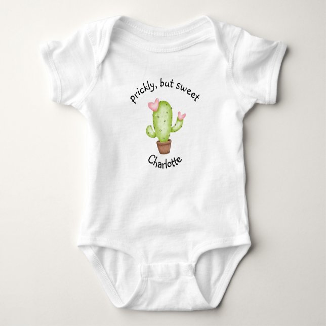 Body Para Bebê Nome personalizado fofo, mas doce Cactus Aquarela (Frente)