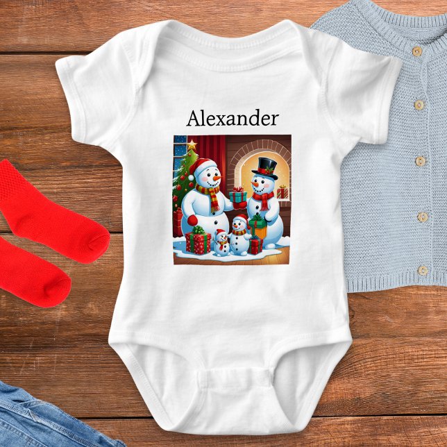 Body Para Bebê Nome Personalizado Imagem da Família Snowman Natal (Criador carregado)