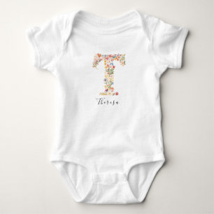 Body Para Bebê Nome Personalizado Monograma &Floral 'T'