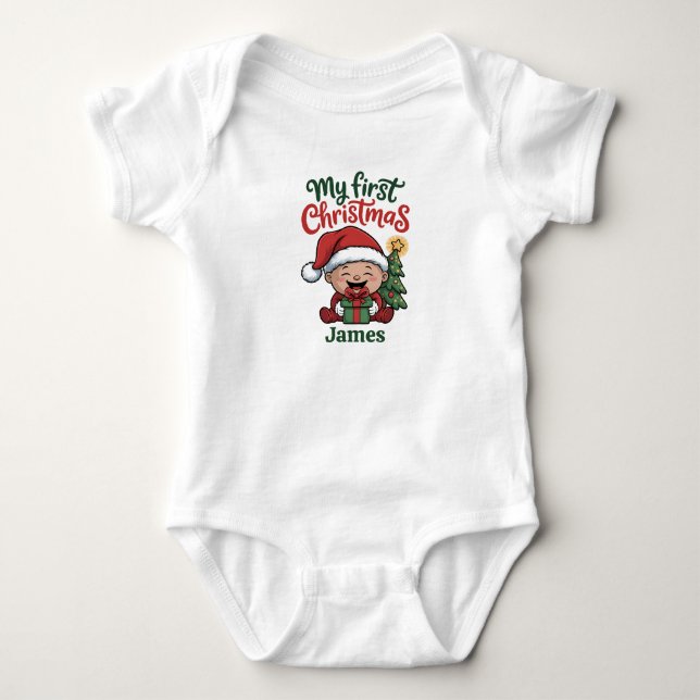 Body Para Bebê Nome Personalizado Primeiro Natal do Bebê (Frente)