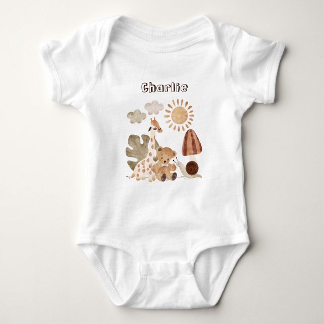 Body Para Bebê Nome Personalizado Texto Boho Woodland Selgle Anim (Frente)
