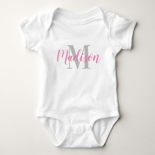 Body Para Bebê Nome rosa personalizado e Cinza T-Shirt bebê inici (Frente)