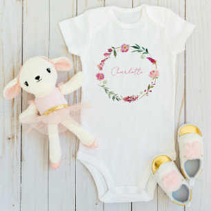 Body Para Bebê Nome Script Menina Bebê Aquarela Floral Rosa