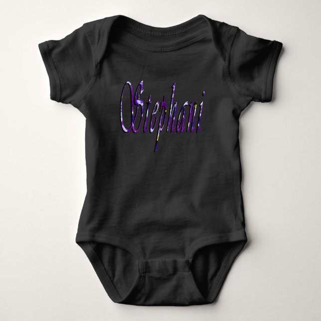 Body Para Bebê Nome Stephani Floral Roxo, (Frente)
