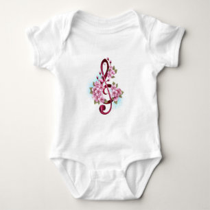 Body Para Bebê Notas de clave de trecho musical com flores de Sak