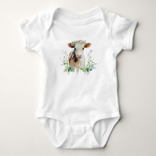 Body Para Bebê Novilha vermelha e branca (Vaca) com flores