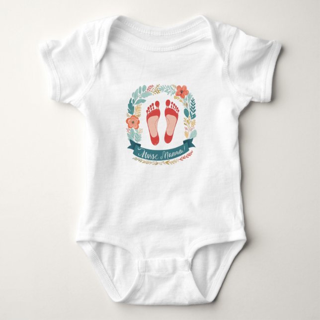 Body Para Bebê Nurse Mamma with Baby Footprints and Floral Frame (Frente)