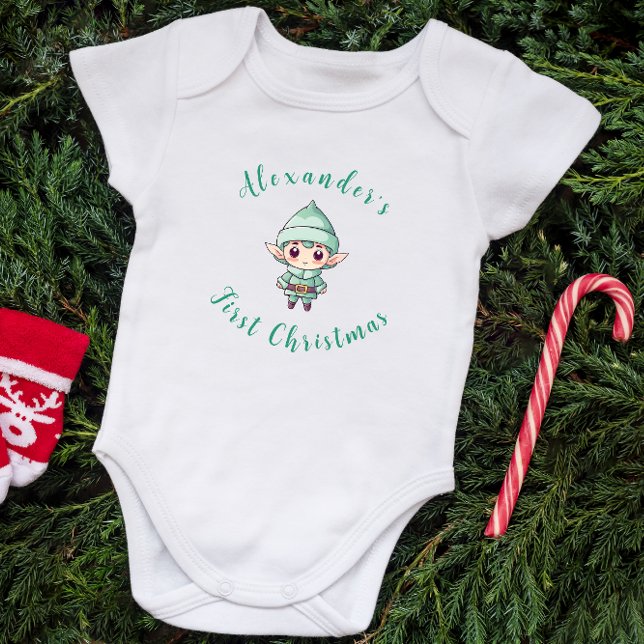Body Para Bebê O Filhote Elf Personalizado do Primeiro Natal (Criador carregado)