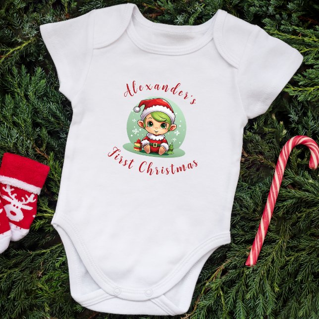 Body Para Bebê O Filhote Elf Personalizado do Primeiro Natal (Criador carregado)