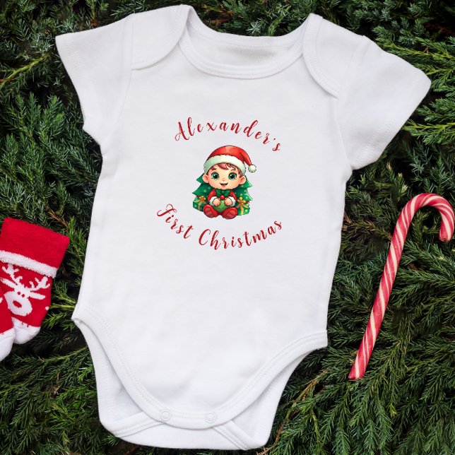 Body Para Bebê O Filhote Elf Personalizado do Primeiro Natal (Criador carregado)