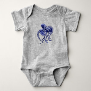 Body Para Bebê Octopus azul e branco
