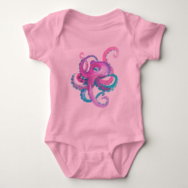 Body Para Bebê Octopus de aquarela rosa-branca   (Frente)