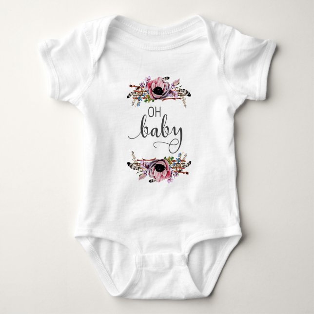 Body Para Bebê Oh Baby | Boho Floral Menina Bebê Plumas Moldura T (Frente)